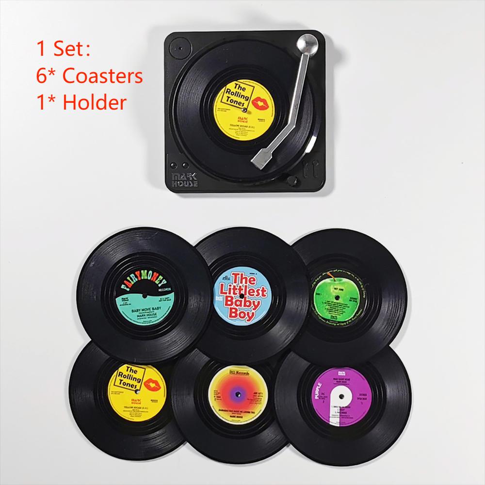 Vinyl Record Coasters for Drinks with Optional Record Player Holder